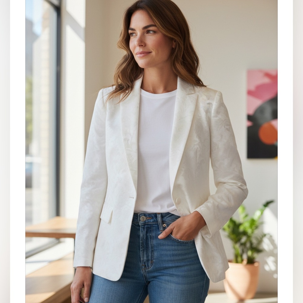 NEW Preston and York‎ blazer Jacket Brocade White Size 12 Party Holiday Cocktail